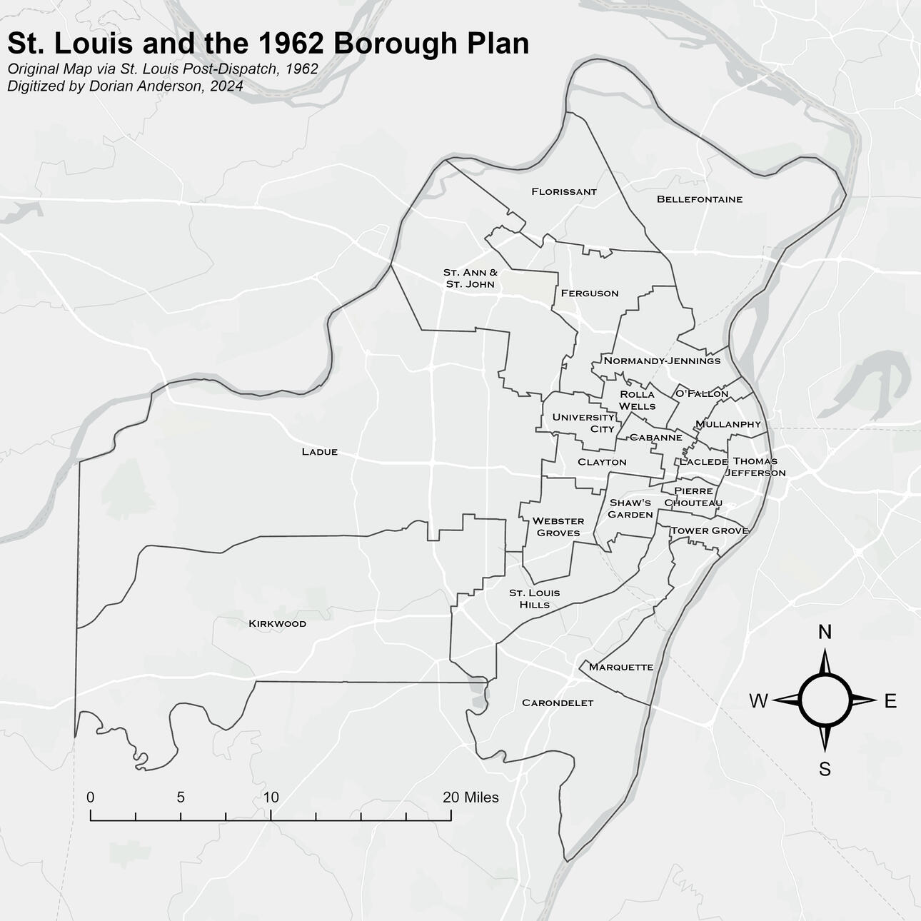 A remaster/digitalization of a St. Louis Post-Dispatch map depicting the 1962 merger plan of St. Louis City and County.